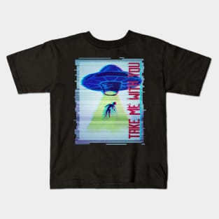 Take me with you, funny alien flying saucer graphic, UFO outer space lover glitch, Men Women Kids T-Shirt